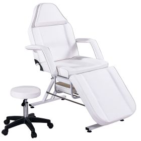 Massage Salon Tattoo Chair with Two Trays Esthetician Bed with Hydraulic Stool;  Multi-Purpose 3-Section Facial Bed Table;  Adjustable Beauty Barber S (Color: White)