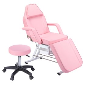 Massage Salon Tattoo Chair with Two Trays Esthetician Bed with Hydraulic Stool;  Multi-Purpose 3-Section Facial Bed Table;  Adjustable Beauty Barber S (Color: Pink)