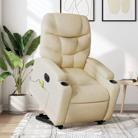 Electric Stand up Massage Recliner Chair Cream Fabric (Color: Cream)